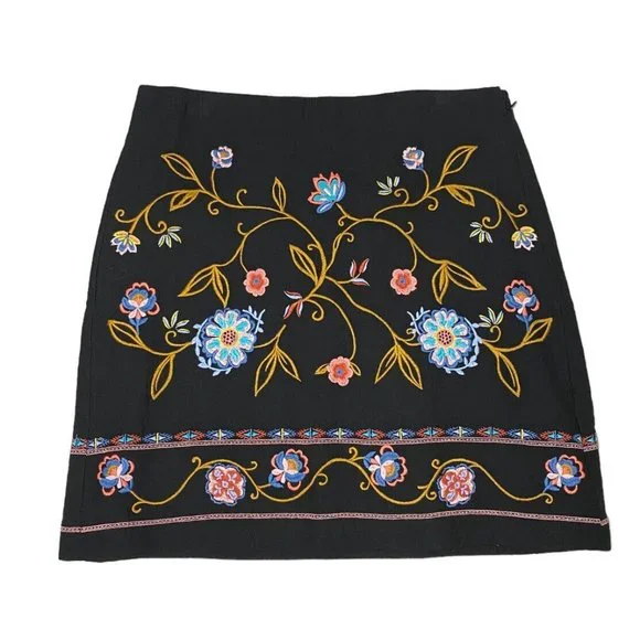Ann Taylor Loft Skirt Womens 6 Black Floral Embroidered Mini Boho Straight NWT - Picture 4 of 8